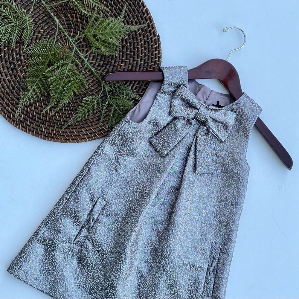 NEXT UK Girls Dress Brown Gold Shimmer Swing Bow Pockets Size 5